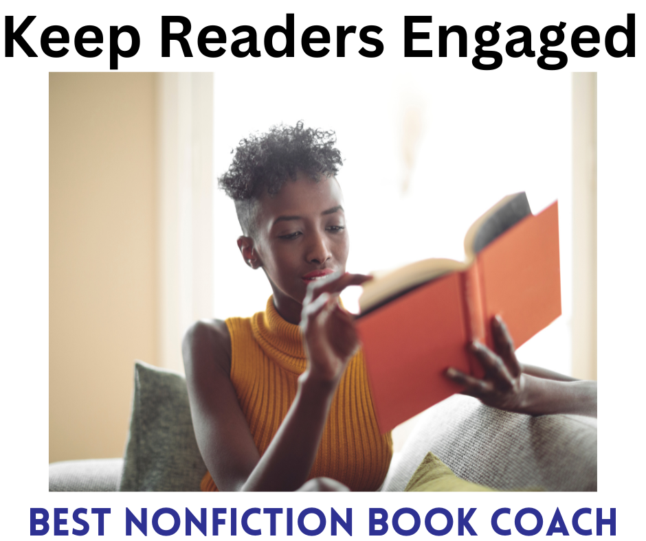 A black woman in a mustard-colored sweater is intently reading an orange hardback book because the author knows how to keep readers engaged.