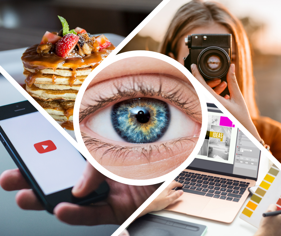 This image contains four examples of visual content in nonfiction: video, photos, graphics.