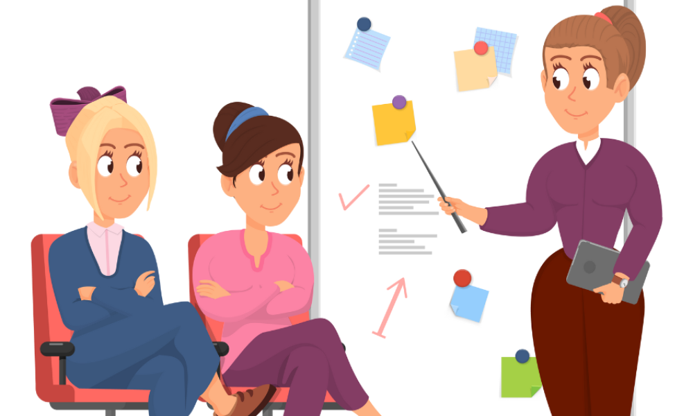 An image of a woman using a whiteboard to teach others how to explain better.